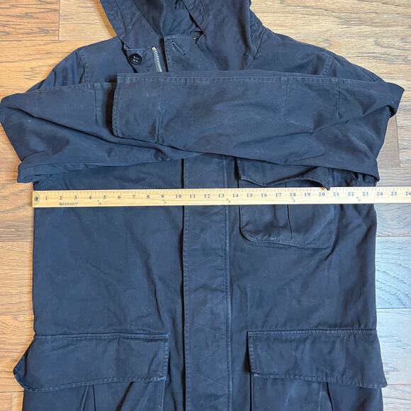 Mens Black Hooded Utility Parka Jacket Long Sleeve Full Zip Pockets - Picture 5 of 11